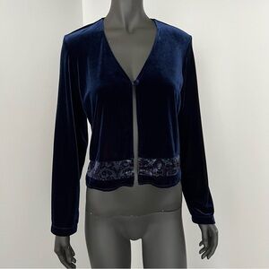 Vintage Rabbit Designs Velour Cardigan – Paisley Trim – Navy Blue – Size 12